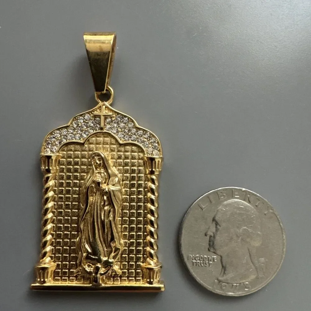Gold Plated Virgin Mary Stainless Steel Pendant Jesus Christ Cubic Zirconia 24”